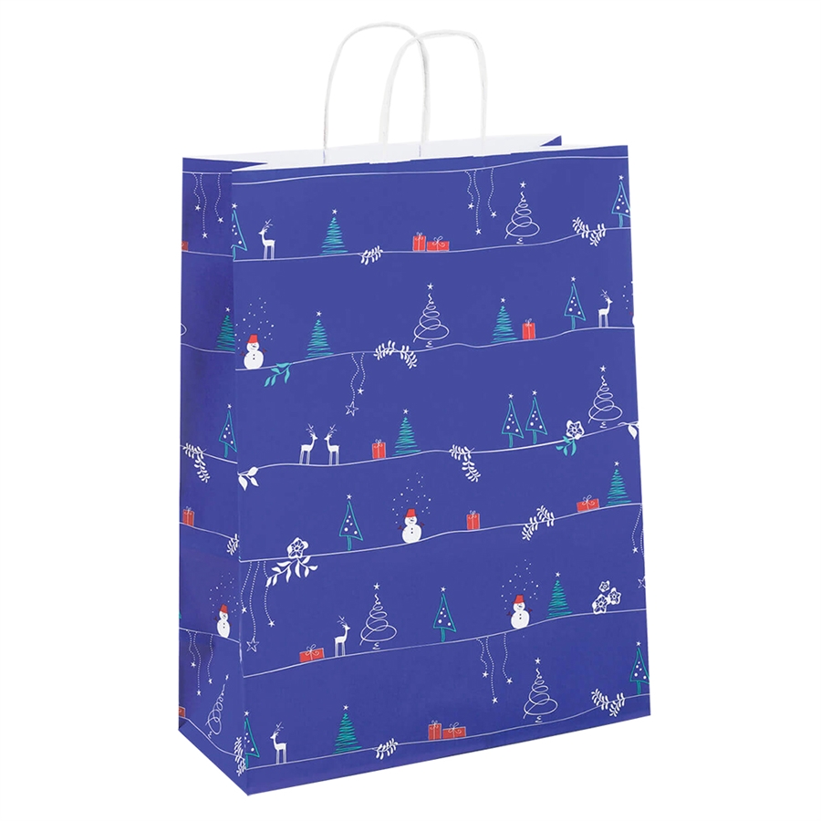 Vánoční papírová taška modrá 240x110x310 mm - potisk / 25 ks