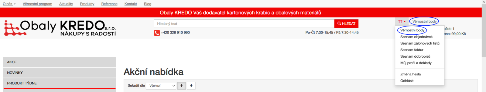 věrnostní body - náhled konta