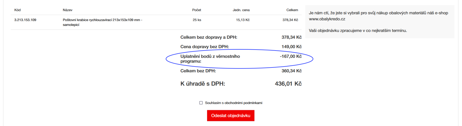 odpočet bodů z objednávky